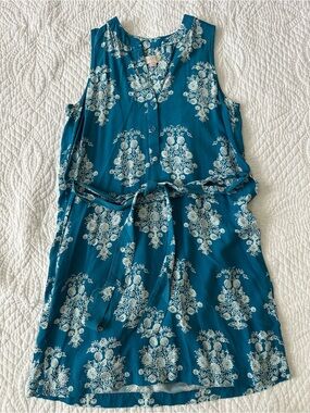 LOFT Teal Floral Sleeveless Tie-Waist Dress